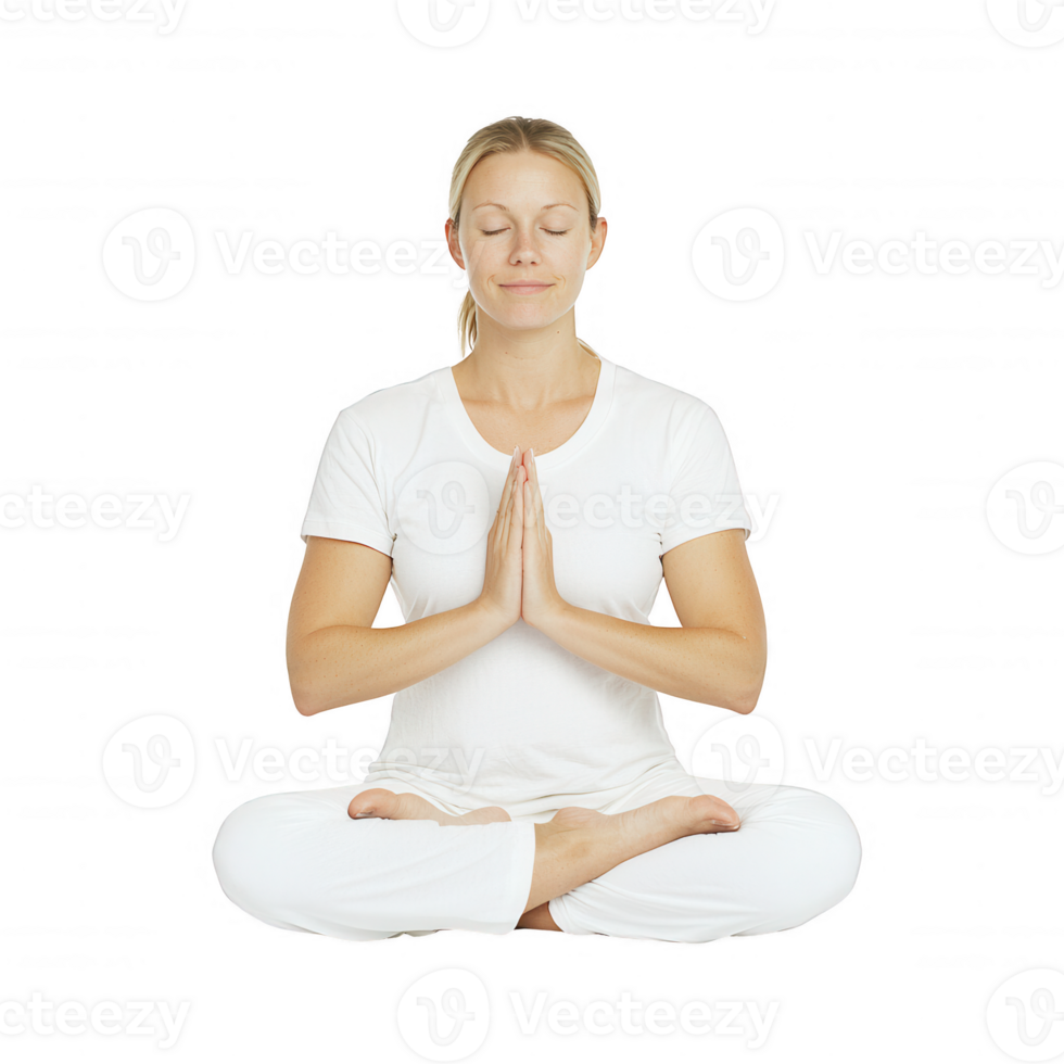 A serene woman practicing yoga in a meditative pose with hands in prayer position. png