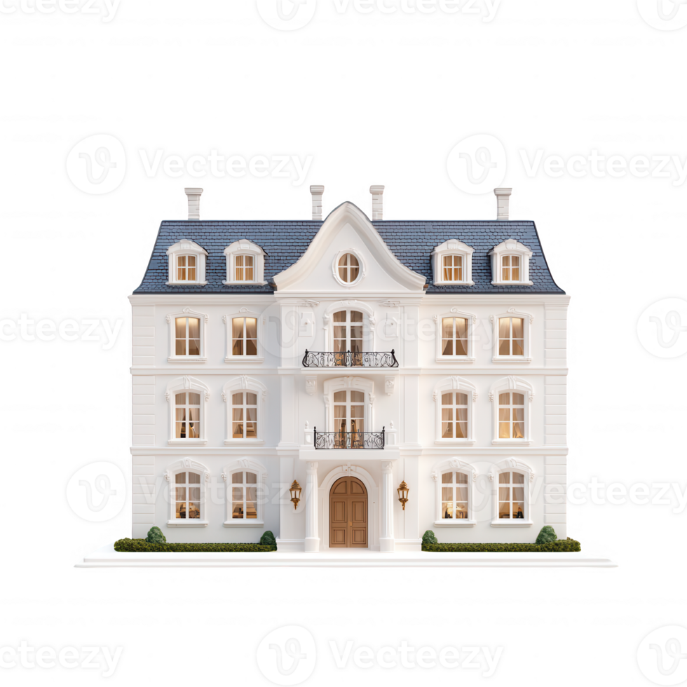Elegant white mansion with detailed architecture and large windows. png