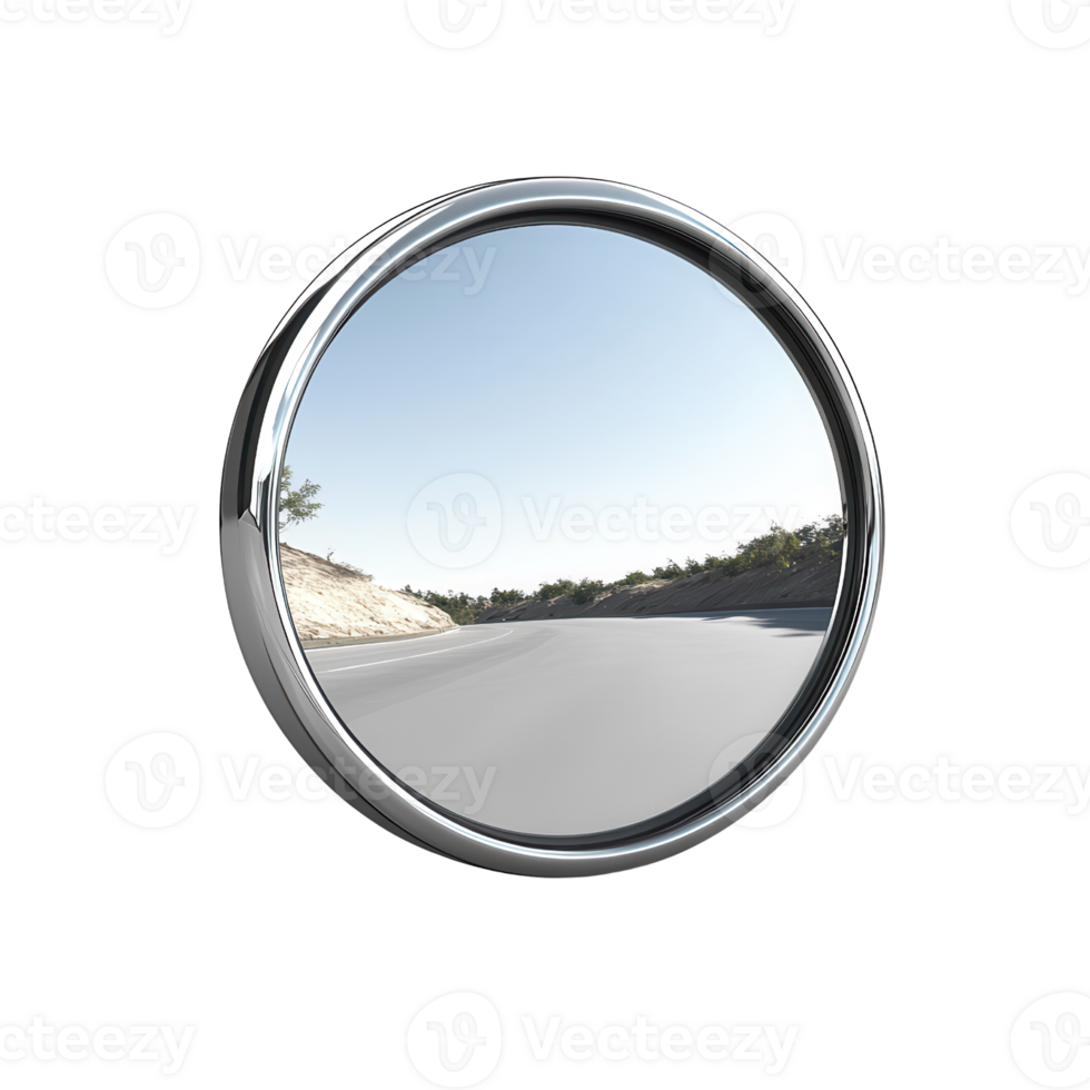 A close-up of a round mirror reflecting a clear blue sky and road, ideal for themes of reflection and perspective in design. png