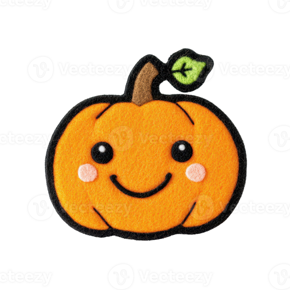 Cheerful felt pumpkin with a smiling face and leafy stem, perfect for autumn decorations and seasonal crafts. png