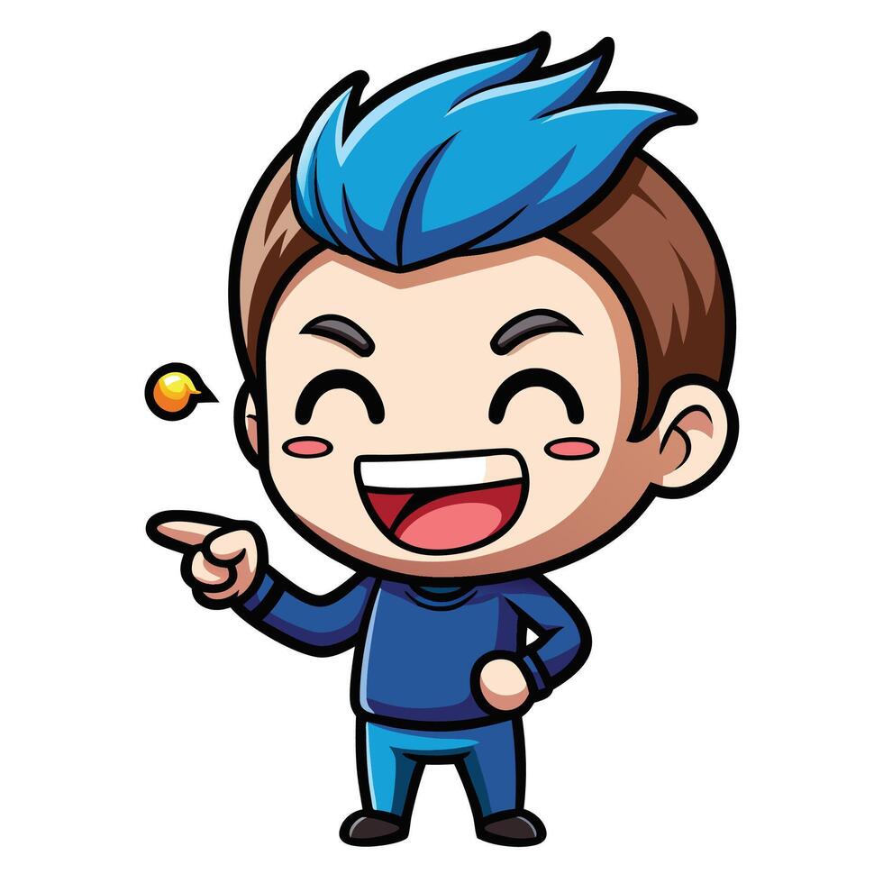 a cartoon boy with blue hair pointing at something vector