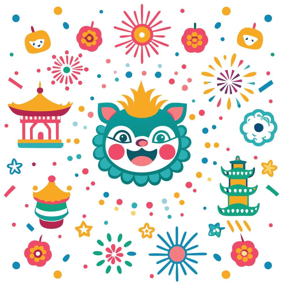 chinese new year background with lion, fireworks, and other symbols vector