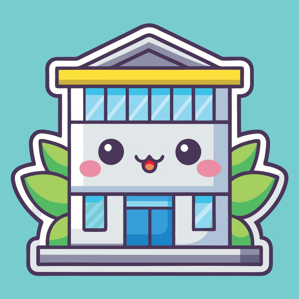 a cartoon building with a face and leaves vector