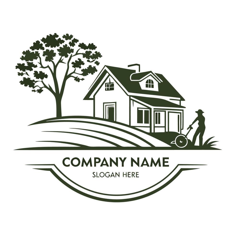 a house with a tree and a man mowing the lawn vector
