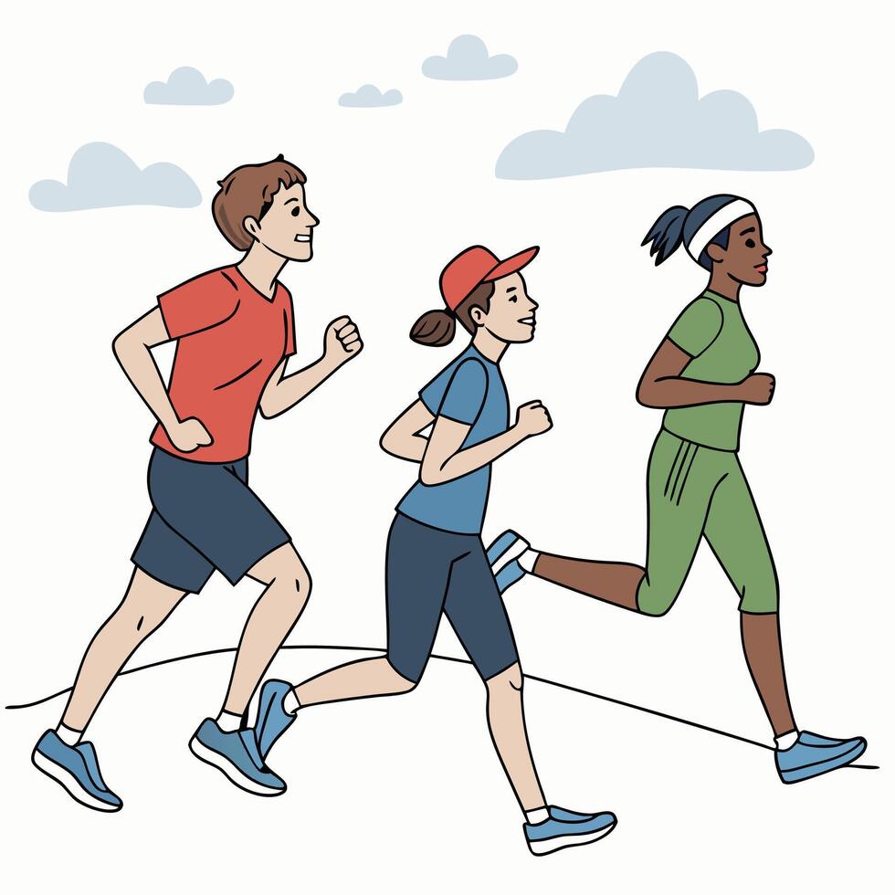 three people running together in a cartoon style vector