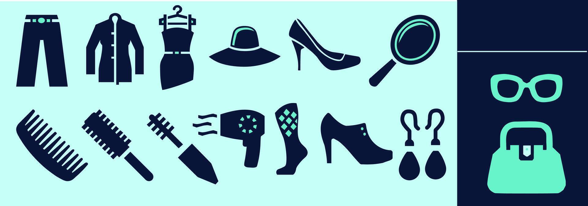 Women wardrobe SOLID icon set. Trousers, blazer, cocktail dress, brushes, heels, earrings, ankle boots. Editable elements, size and color. vector
