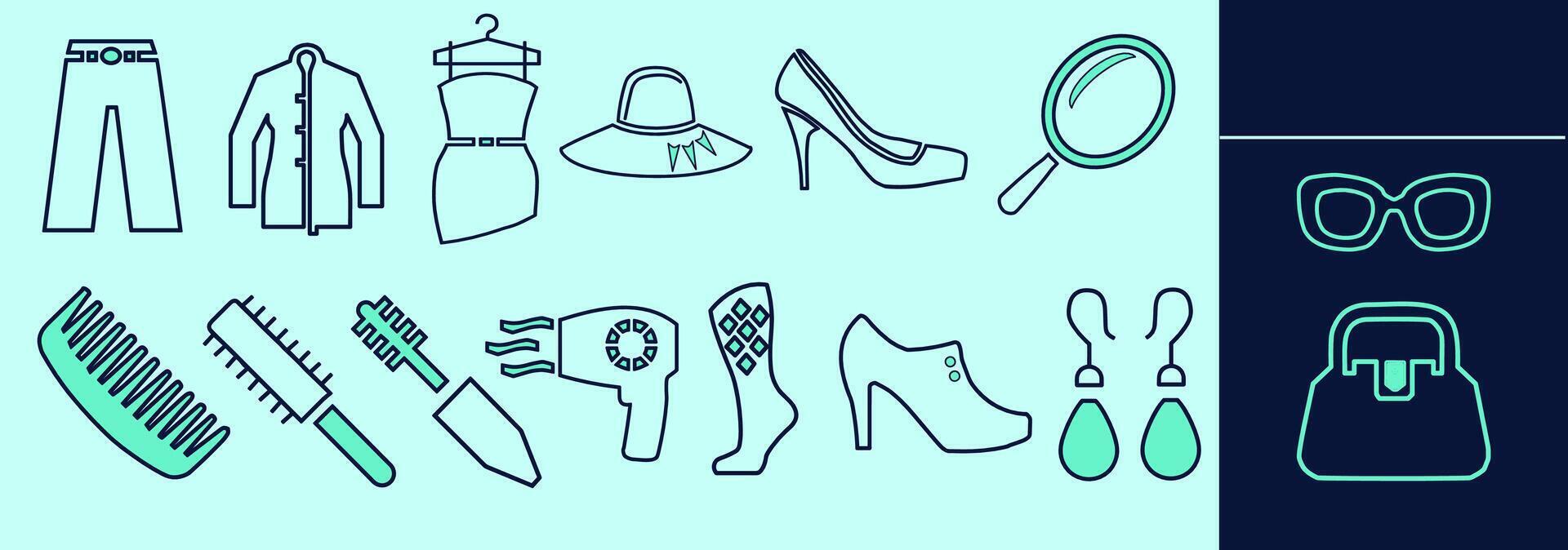 Women wardrobe LINE icon set. Trousers, blazer, cocktail dress, brushes, heels, earrings, ankle boots. Editable elements, size and color. vector