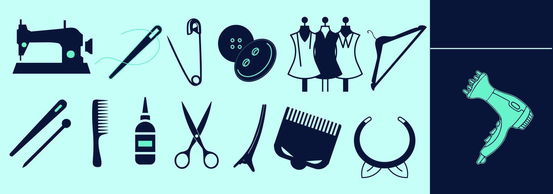Tailor's tools icon set. Sewing machine, needles, thread, scissors, pins, mannequins, safety pin, buttons, hairdryer. Editable elements, size and color. vector