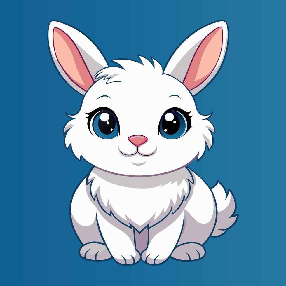 Cute White Rabbit Character with Bright Blue Eyes and Fluffy Fur Sitting Comfortably Against a Bold Blue Background Ready to Capture Hearts Everywhere vector
