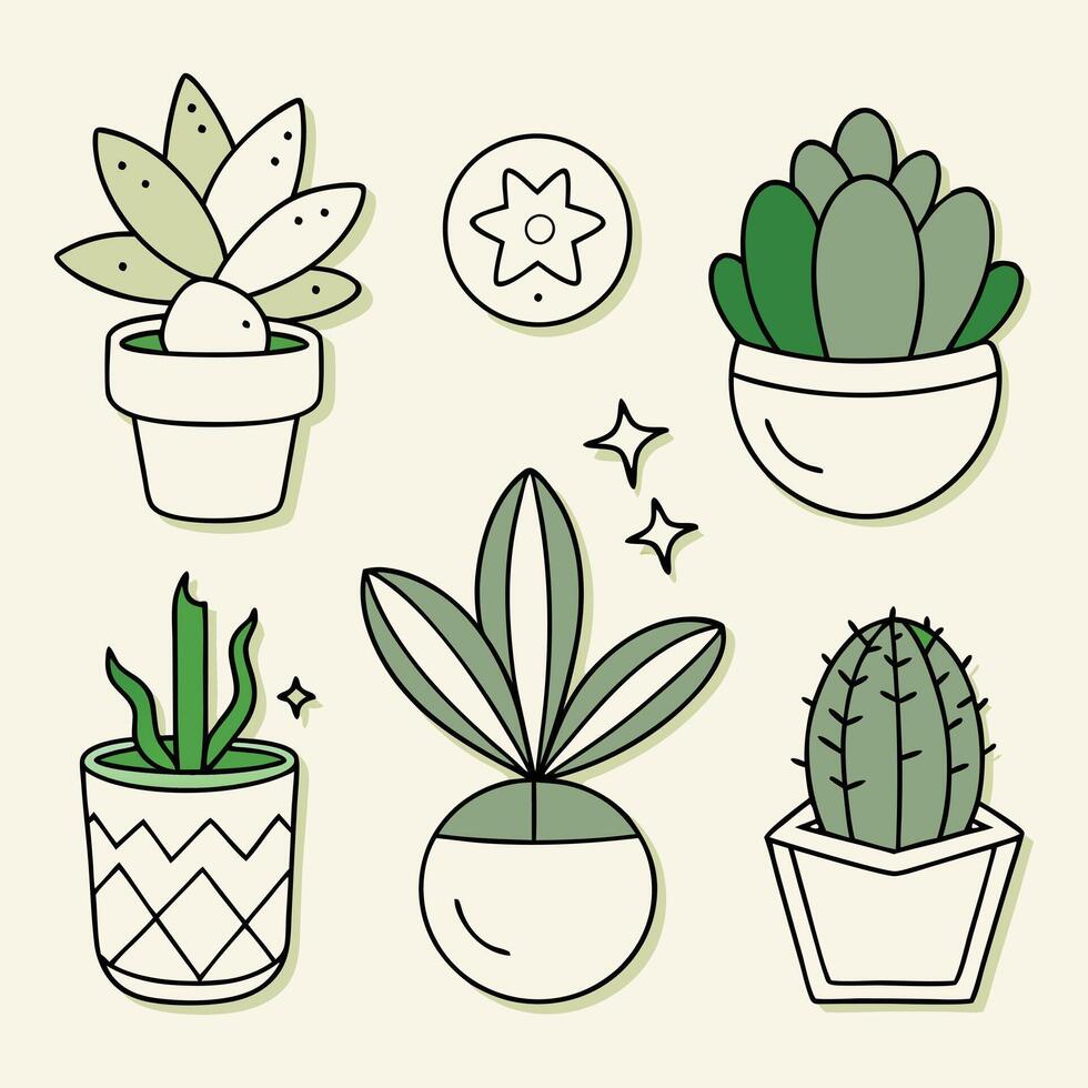 Variety of Hand Drawn Cute Succulent Plants in Different Pots and Styles on a Light Background Perfect for Adding Greenery to Any Space vector