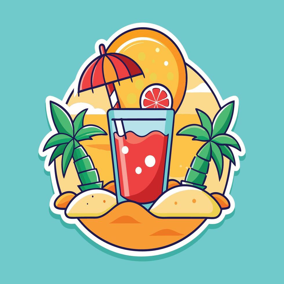 Delightful Beach Scene with Chilled Drink and Beach Umbrella Surrounded by Palm Trees on Soft Sand Capturing the Essence of Summer Vibes and Relaxation vector