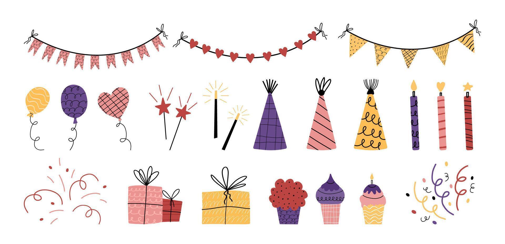 Big collection for birthday, for holiday. Cute various elements with texture isolated on white background. Cupcake, cake, gift, crackers, fireworks, flags vector