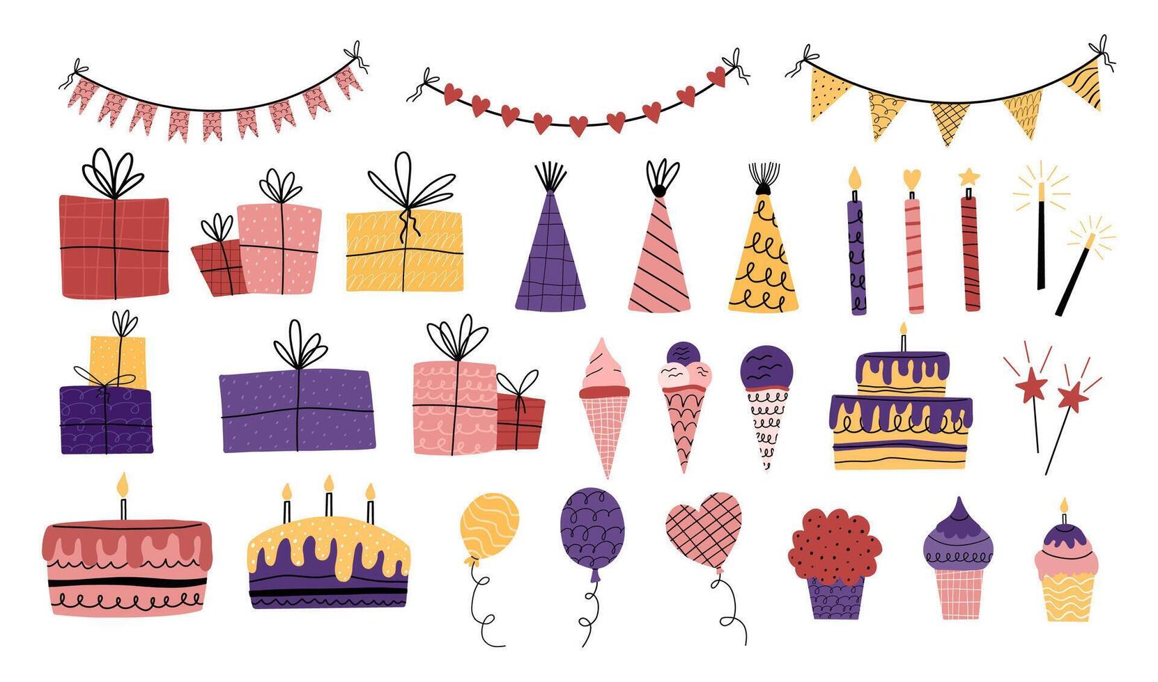 Big festive collection for birthday, for holiday. Cute elements with texture isolated on white background. Cupcake, cake, gift, crackers, fireworks, flags vector