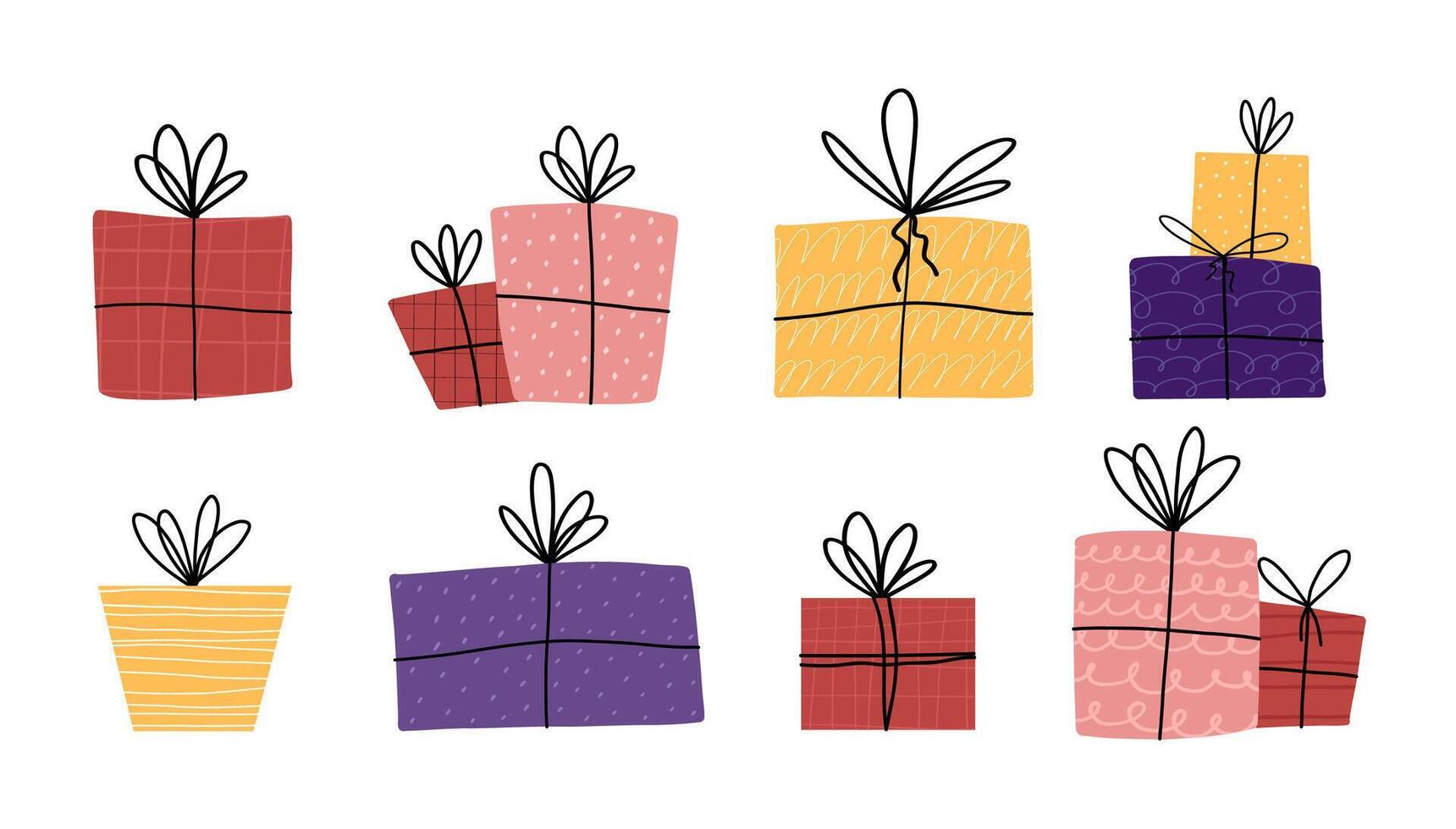Set with cute gifts. Cute hand drawn elements isolated on white background. Illustration with texture and line bows. vector