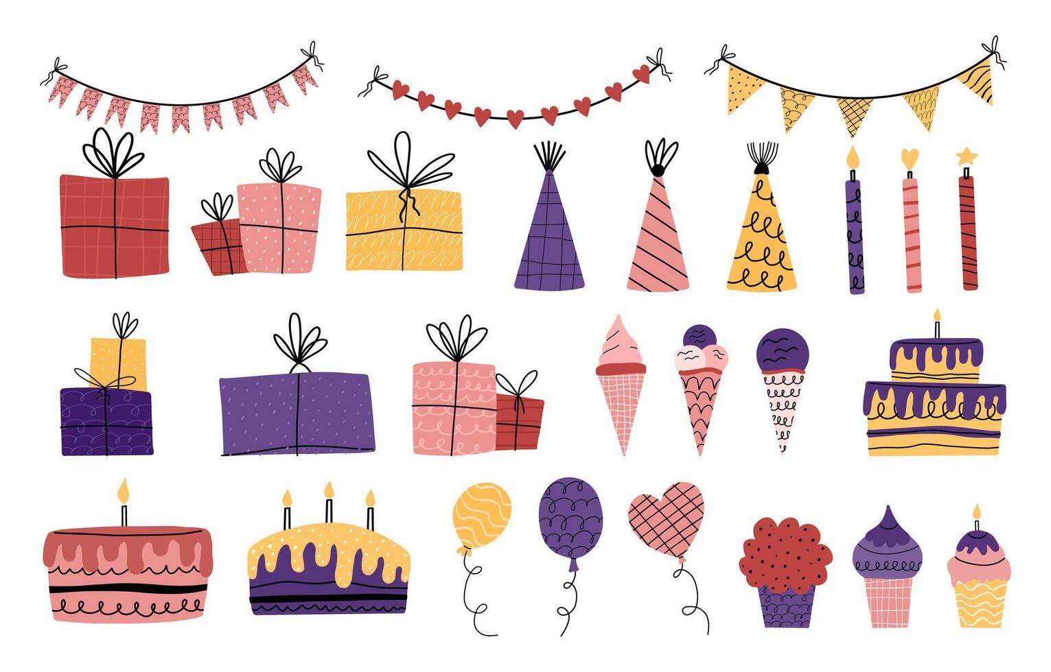 Festive collection for birthday, for holiday. Cute elements with texture isolated on white background. Cupcake, cake, gift, crackers, fireworks, flags vector