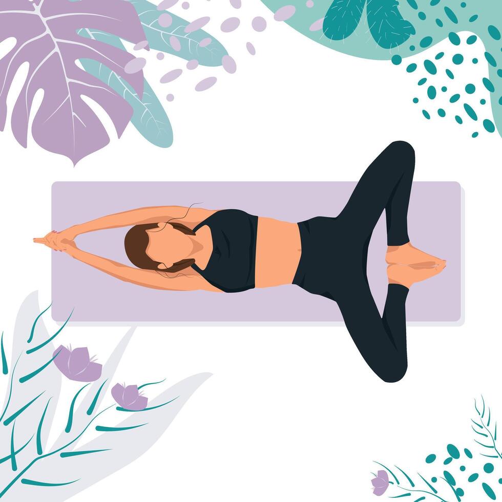 Woman faceless doing yoga exercises, practicing meditation in butterfly pose with exotic plants. International yoga's day vector