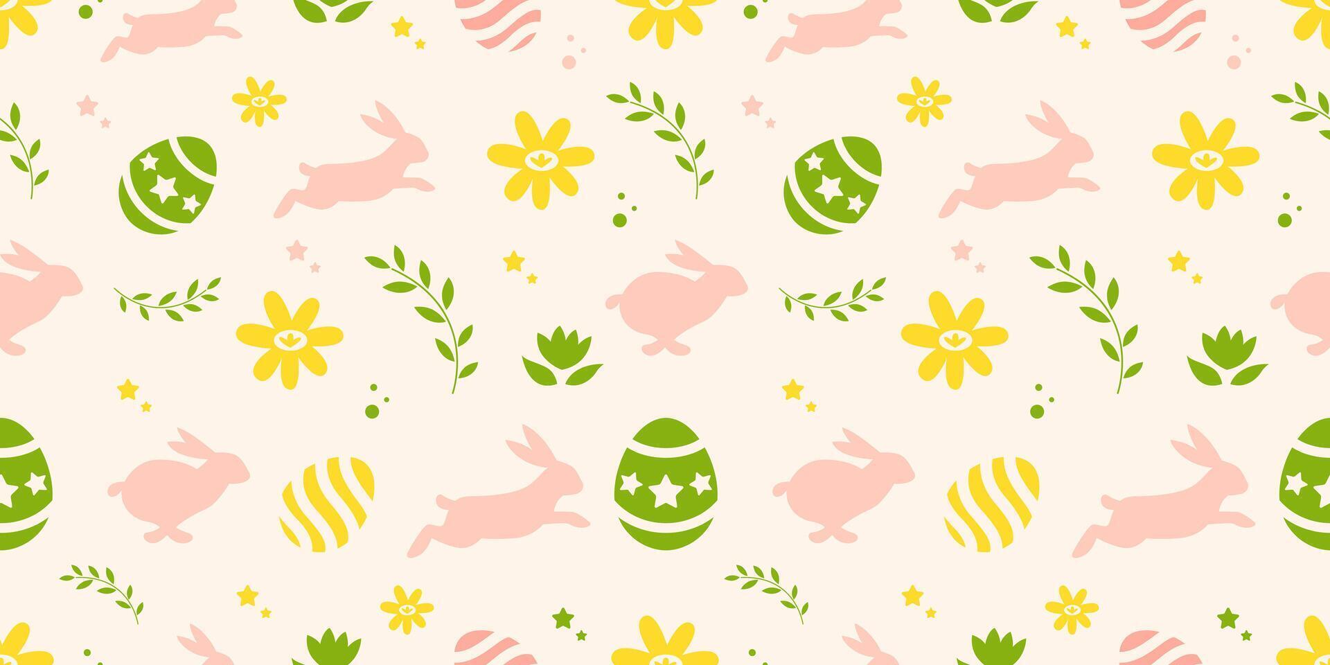 Green pastel hand-drawn easter pattern with bunnies, doodles, flowers and eggs on seamless pattern pastel background vector