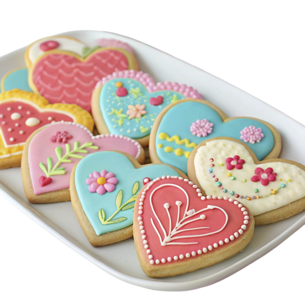 A plate of decorated cookies with hearts and flowers png
