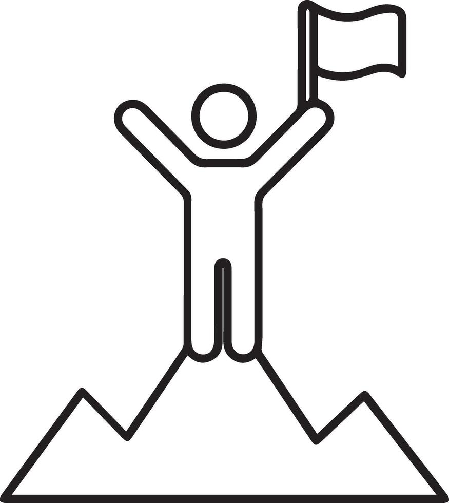 A man on top of a mountain holding a flag outline illustration vector