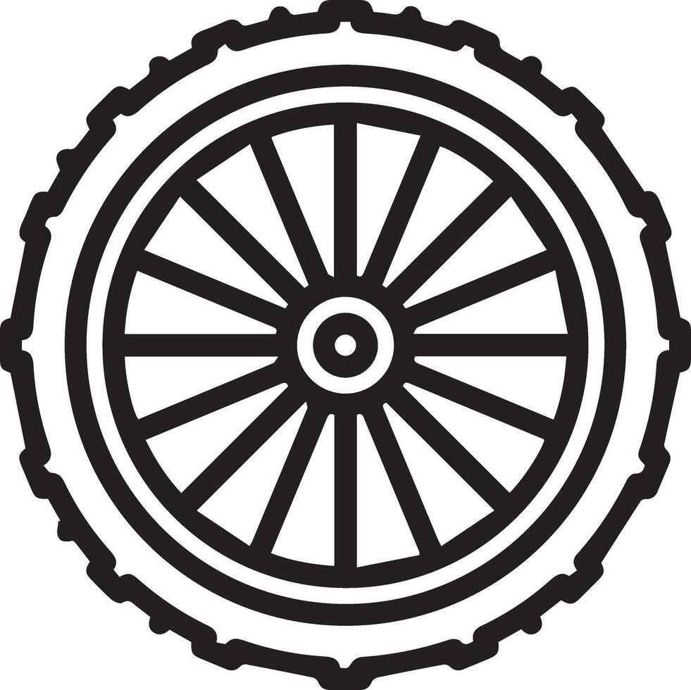 A black and white illustration of a bicycle wheel vector