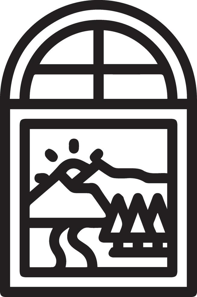 A black and white image of a window with a view of mountains vector