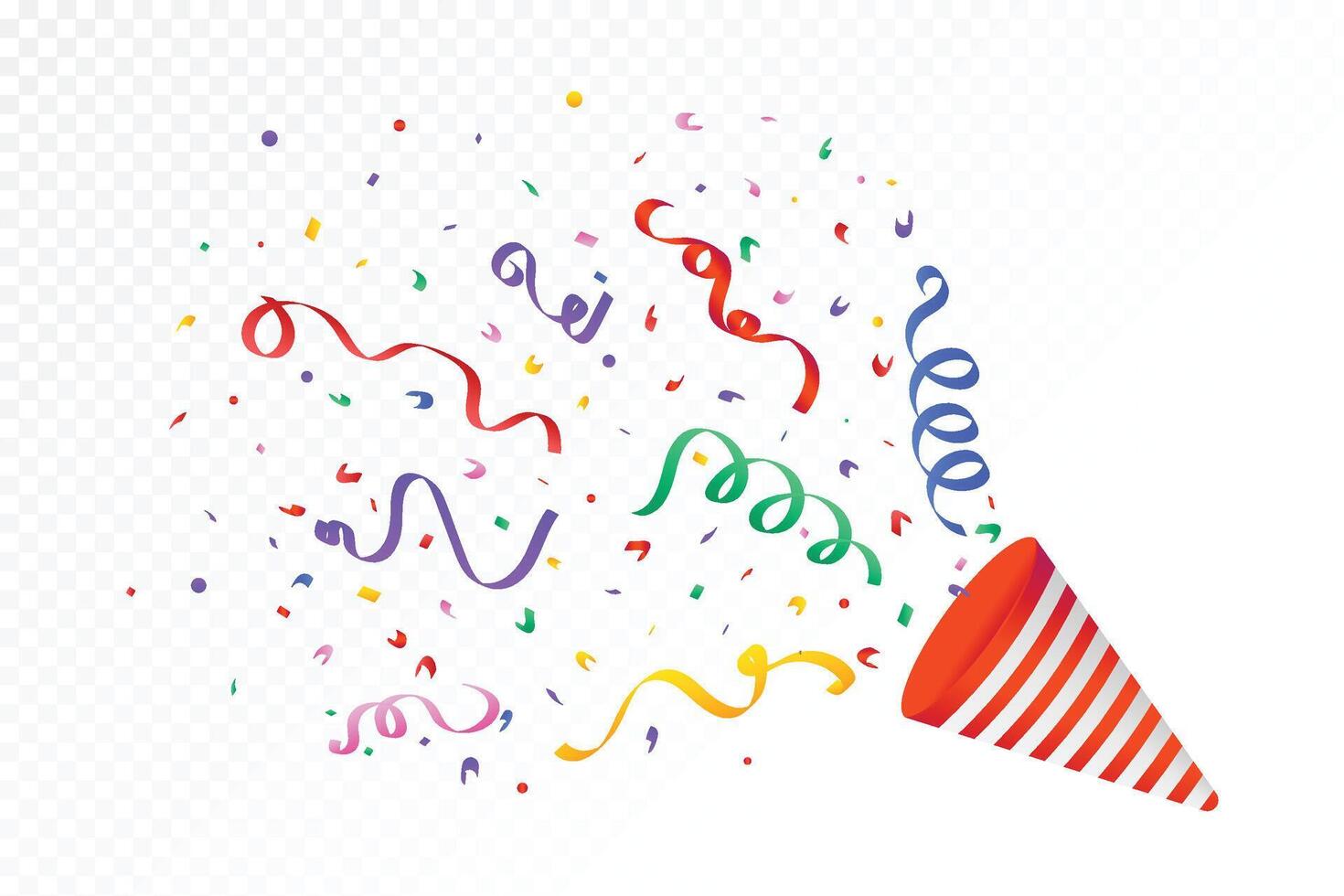 Colorful confetti and ribbon explosion with party popper on a white background. Colorful confetti, ribbon, and tinsel for decoration. Party or anniversary celebration paper scrap and party cone. vector