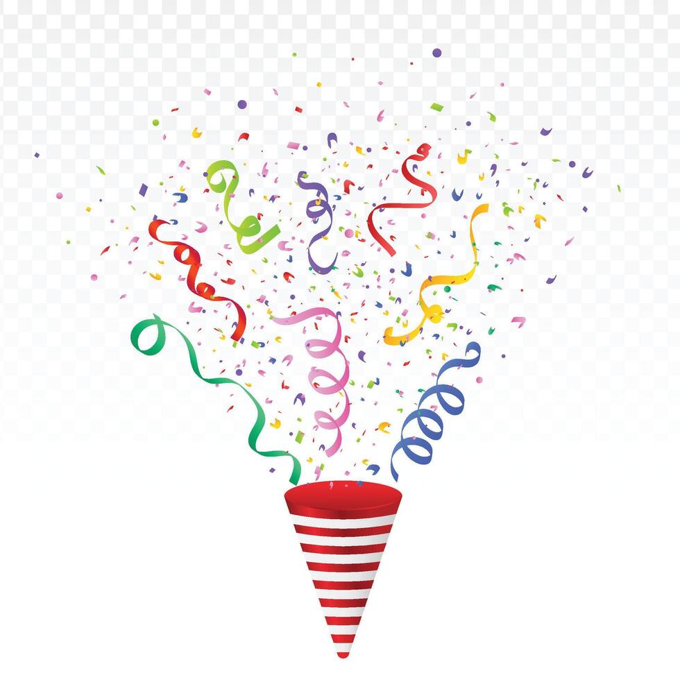 Colorful confetti and ribbon explosion with a party cone on a white background. Party, anniversary, or Birthday celebration tin foil and confetti . Multicolor party popper and paper scrap design vector