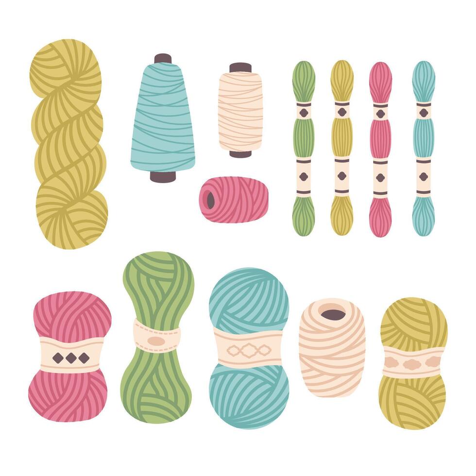 Set of Yarn and threads isolated on white background. Colour Balls of yarn and threads in paper ribbon. Hand drawn doodle Knitting tools, sewing accessories. Yarn for knitting and crochet. vector