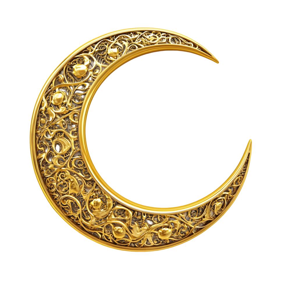 Gold and silver crescent moon featuring intricate dual tone designs png
