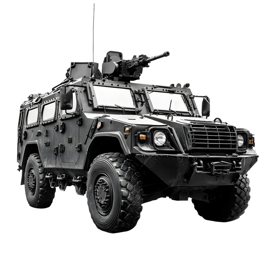 Black military vehicle featuring a mounted weapon png
