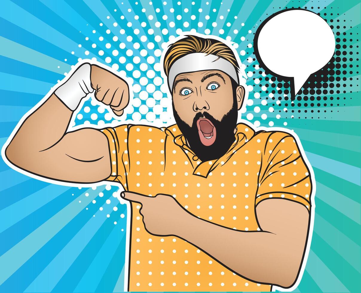 Bearded Fitness Man Showing Muscles Comic Style vector