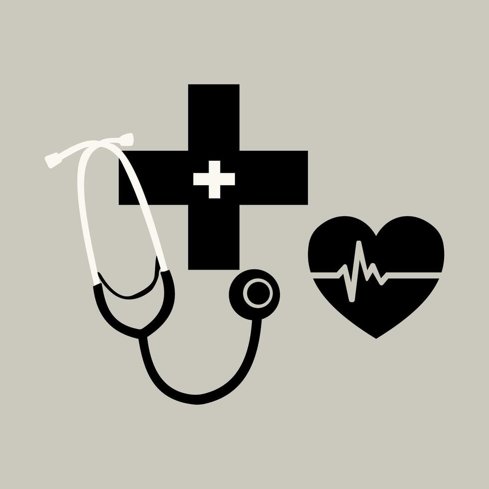 A black stethoscope draped over a medical black cross symbol on a muted background. vector