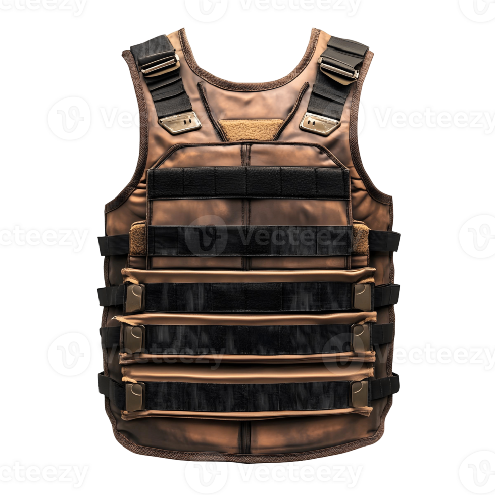 Tan and black tactical vest with adjustable straps and a zipper png
