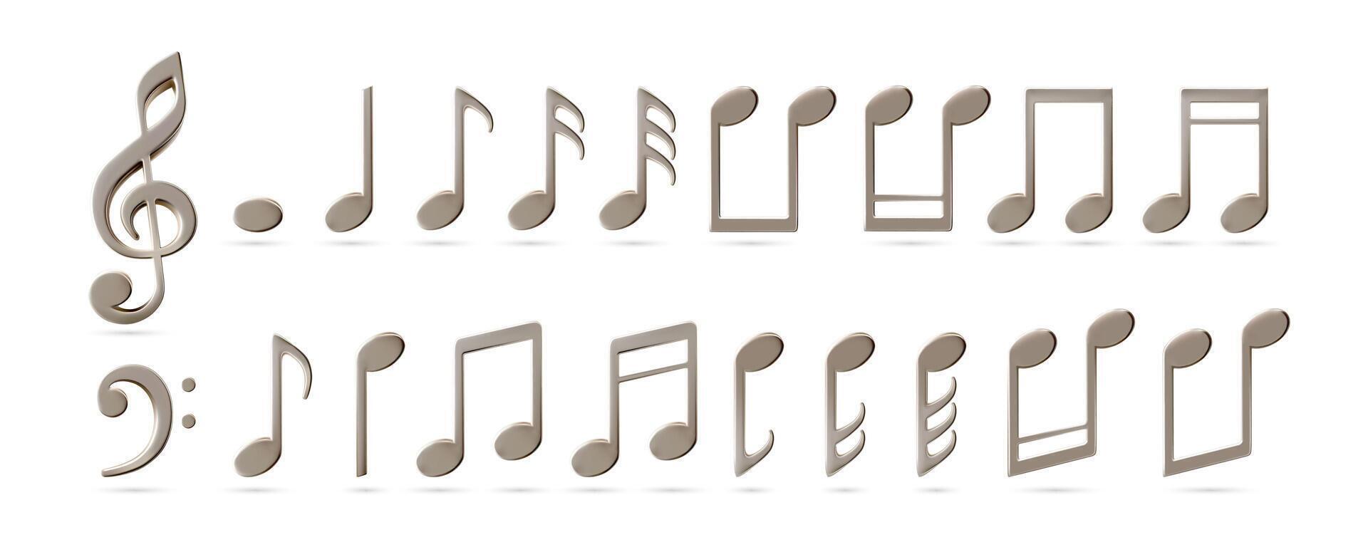 Music sheet elements for melody recording. Treble bass clef and notes icons. Metal decoration for music festival poster. Jazz orchestra, violin and piano or vocal song concert. Dance party celebration vector