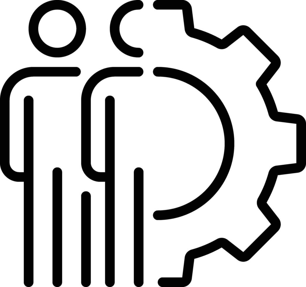 A black and white image of two people standing next to a gear vector