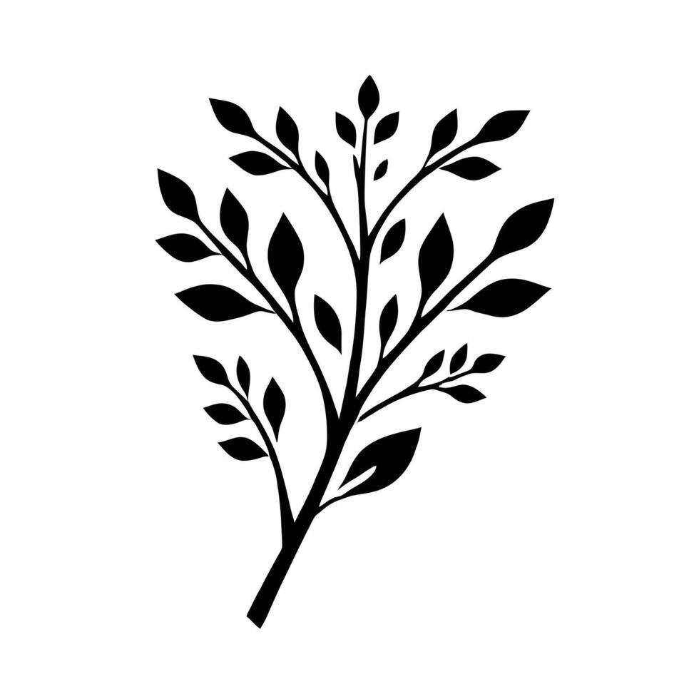 A black and white silhouette of a branch with leaves vector