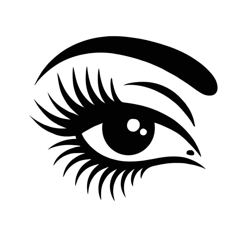 An eye with long lashes is shown in black and white vector