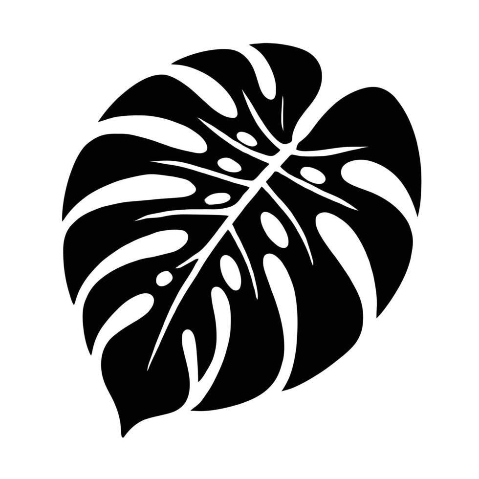 A black and white silhouette of a monstera leaf vector