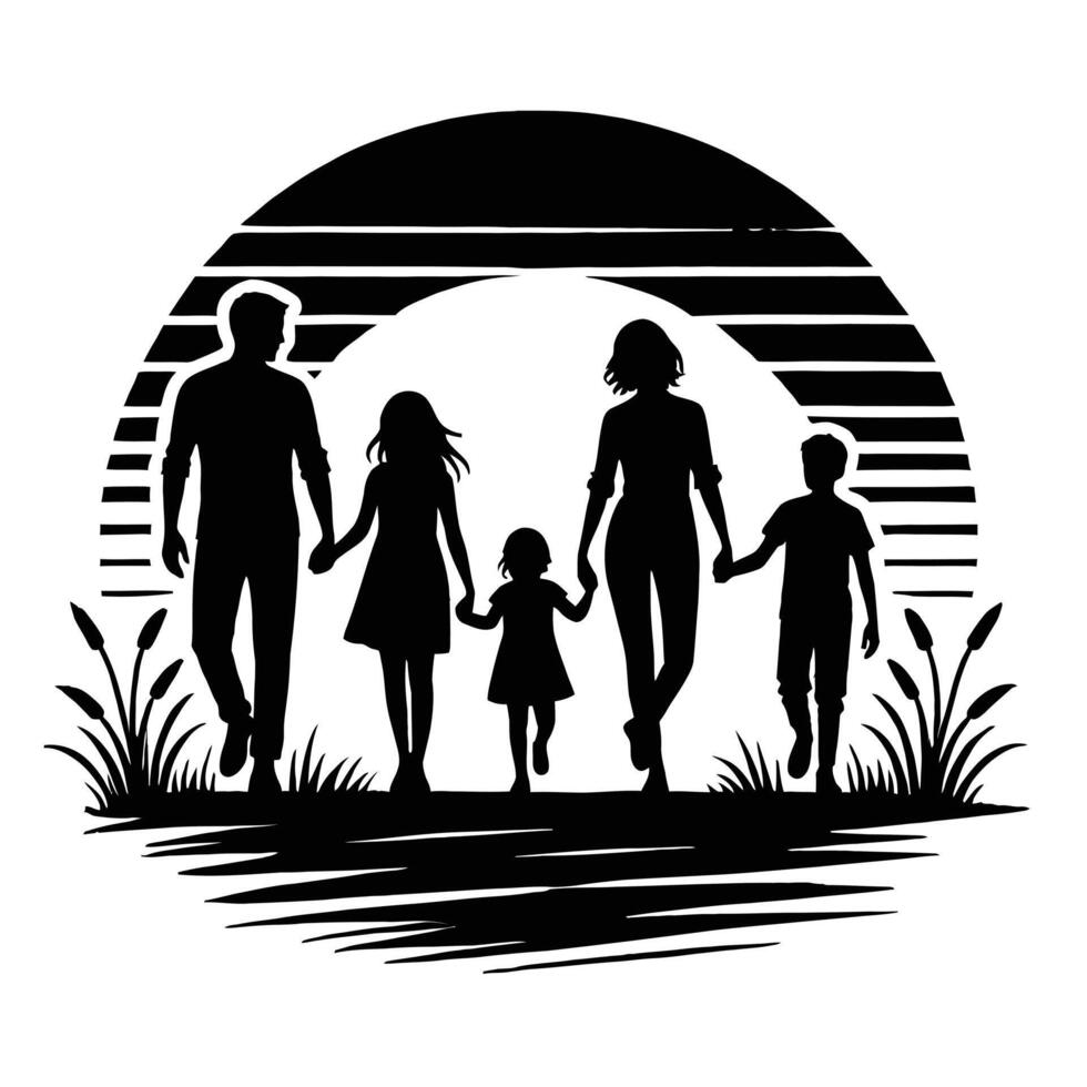 Silhouette of a family walking in the park vector