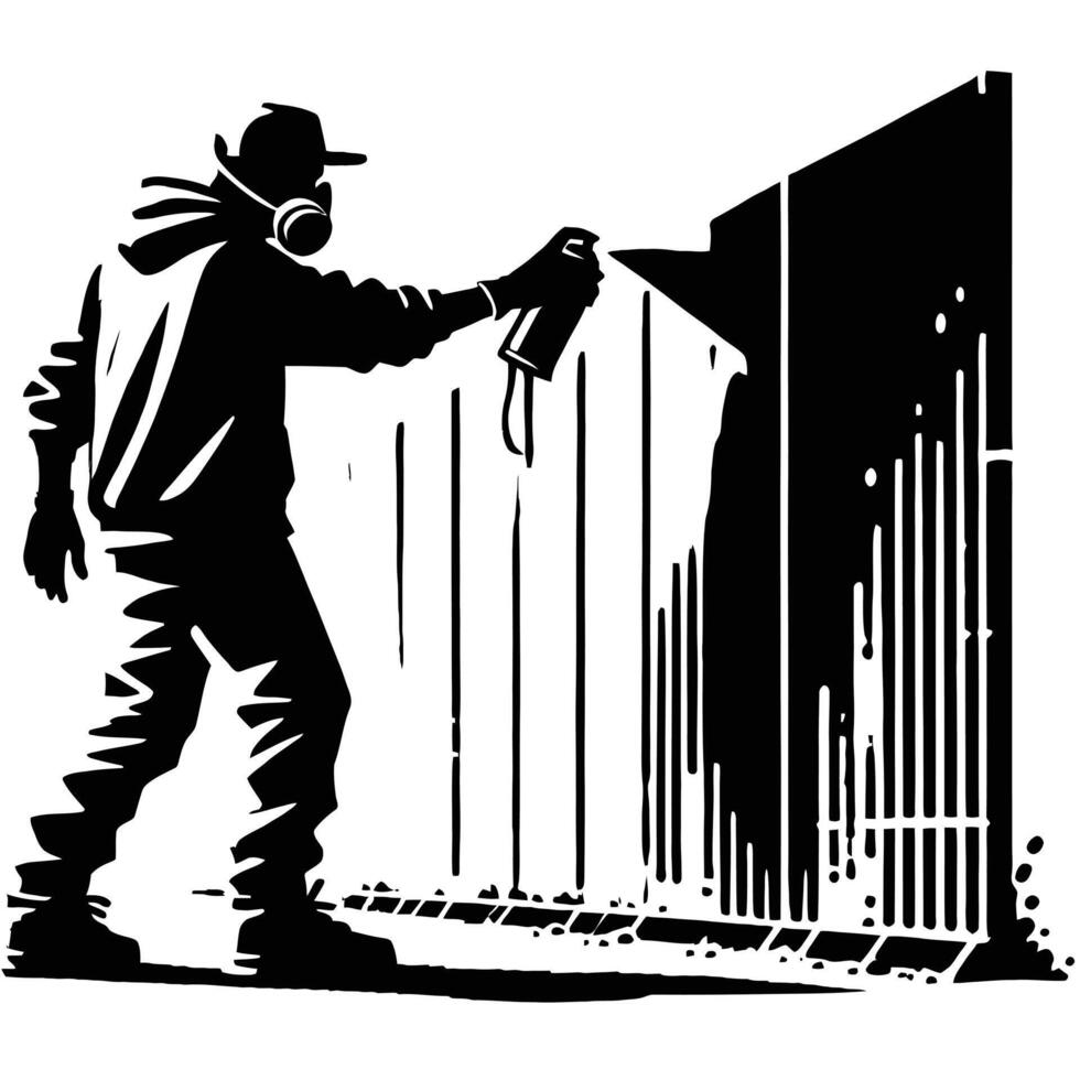 A man spraying graffiti on a wall vector