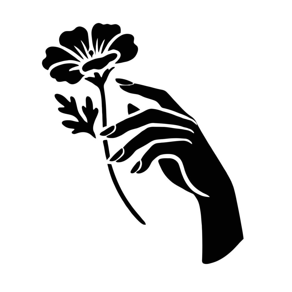 A black and white silhouette of a hand holding a flower vector