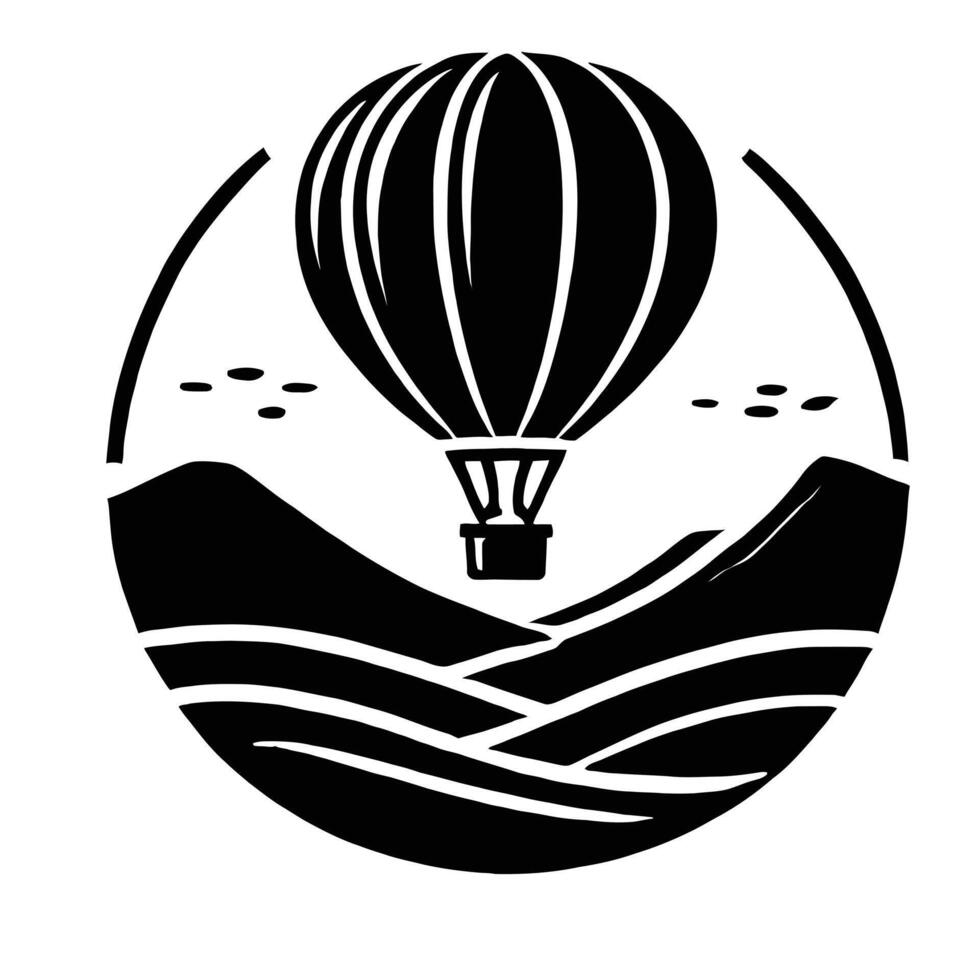 A black and white logo with a hot air balloon flying over mountains vector