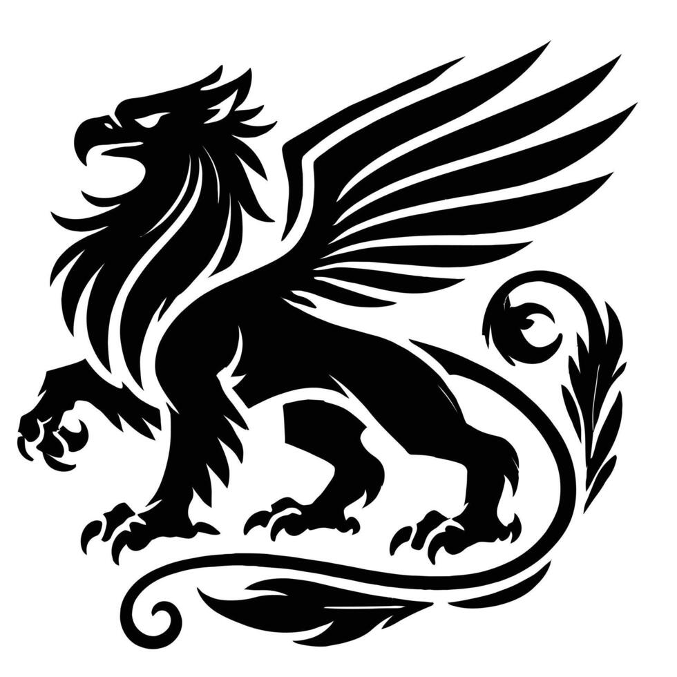A black and white image of a dragon with wings vector