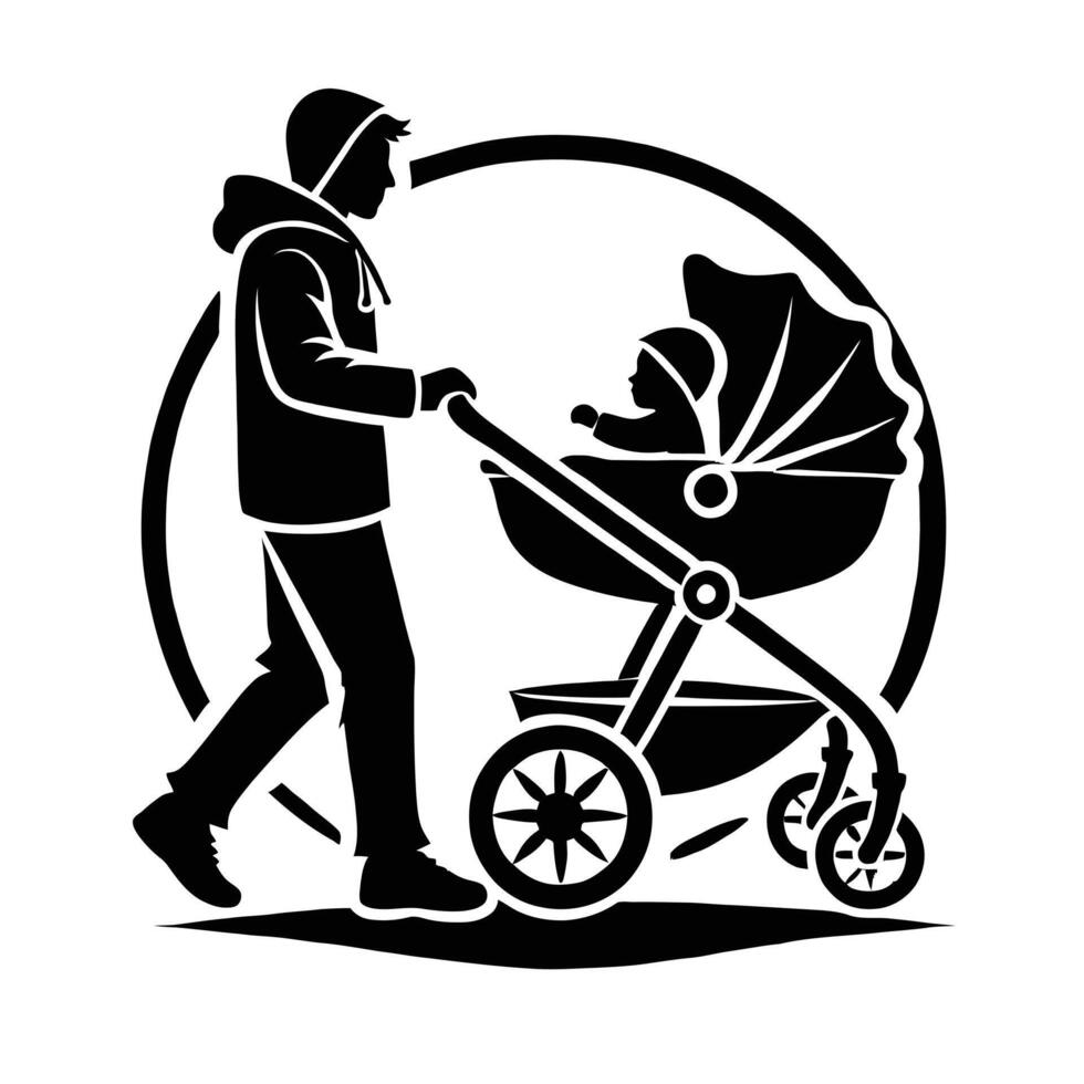 A man pushing a baby carriage with a hoodie on vector