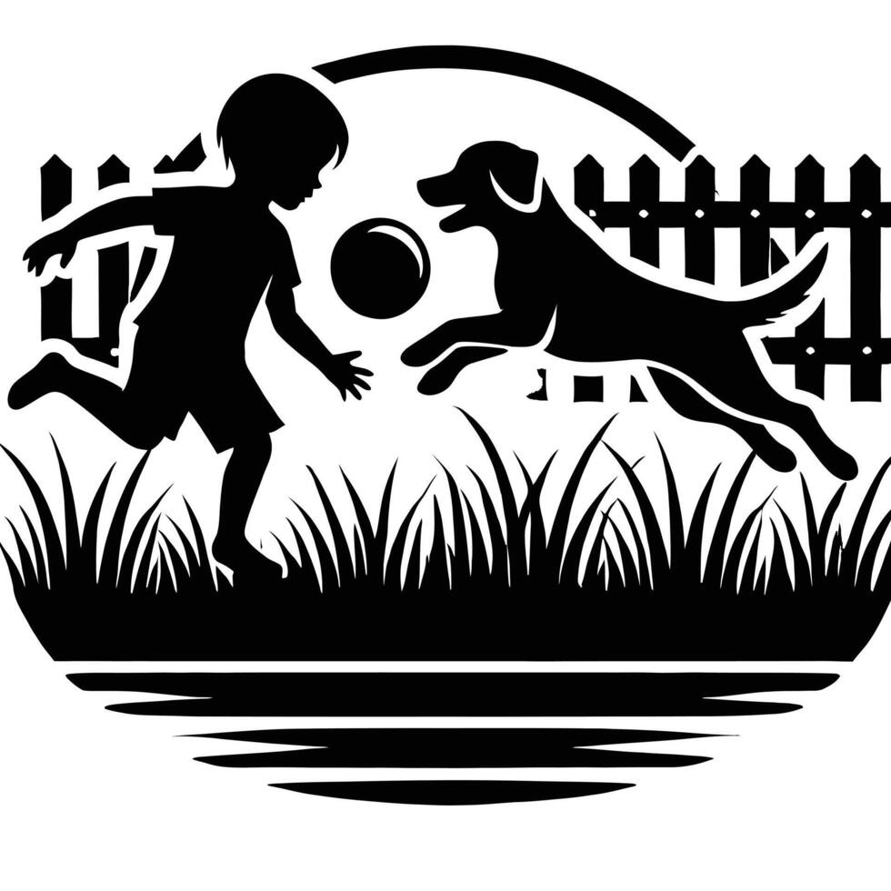Boy and dog playing with ball vector