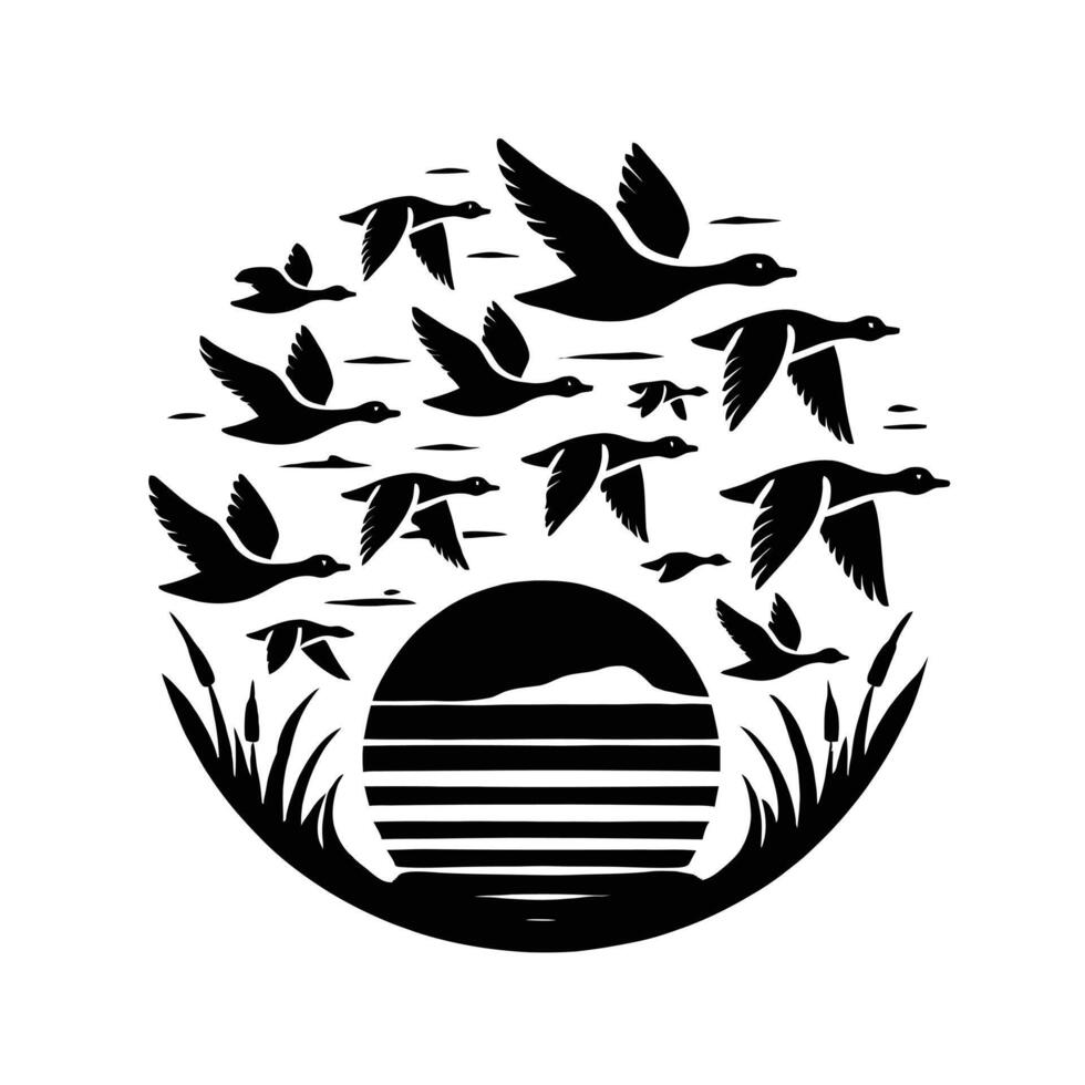 Ducks flying over the water and sunset vector