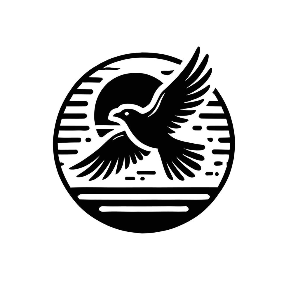 A black and white bird flying over a sunset vector