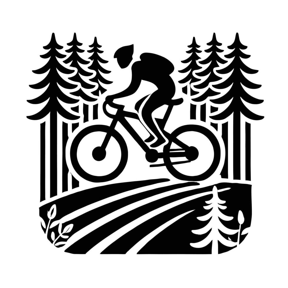 A black and white illustration of a man riding a bike in the forest vector