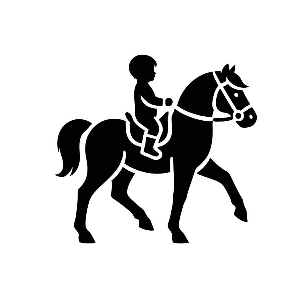 A black and white silhouette of a child riding a horse vector