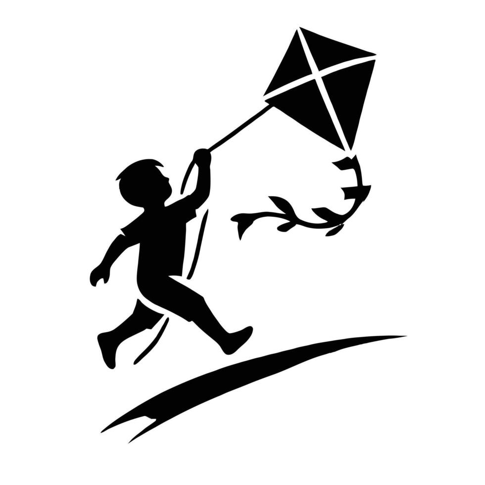 Boy flying kite silhouette vector